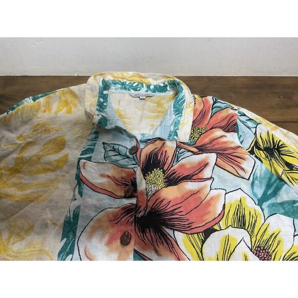 John Mark Womens Top Extra Large Linen Button Up Blouse Cinch Sleeves Art Boho - Picture 3 of 13